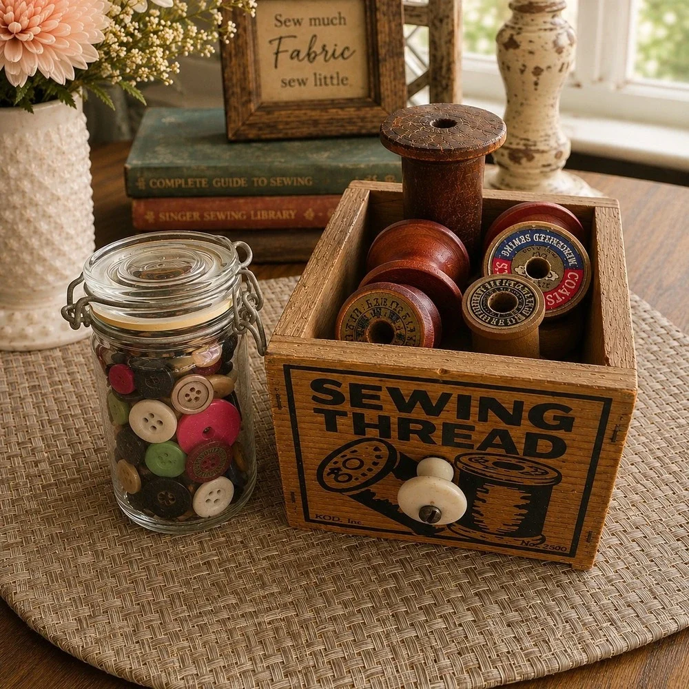 Vintage Inspired Wooden Sewing Thread Box w/ Porcelain Knob & Vintage Wood...